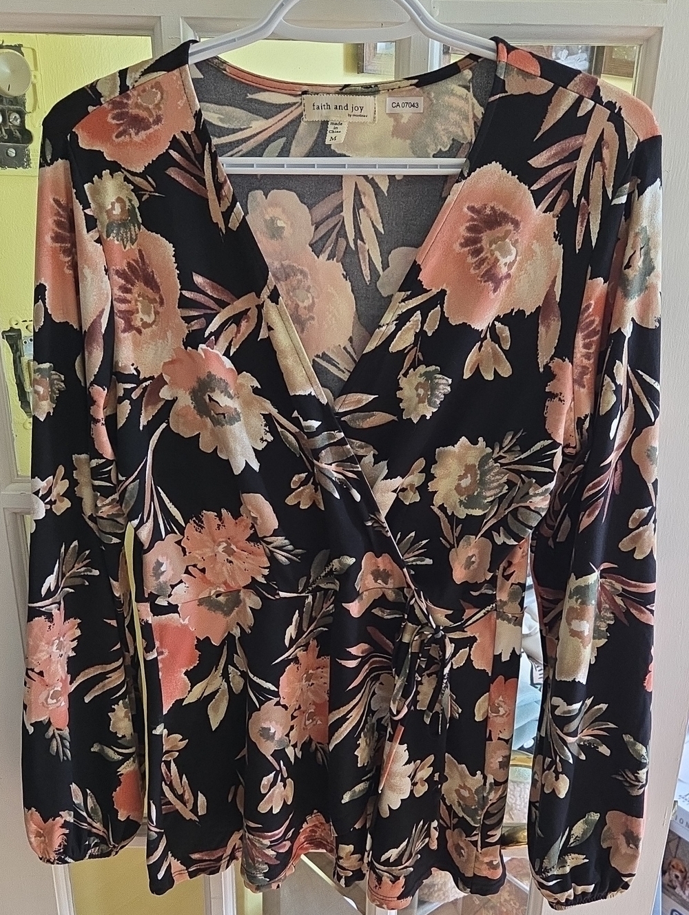 Faith and Joy Black Floral Wrap Blouse with Pink and Cream Blooms